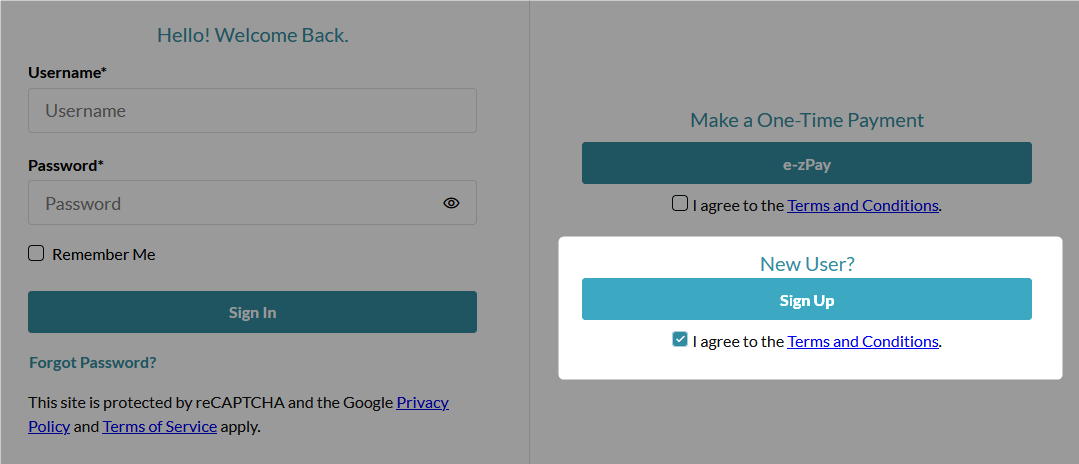 The first screen for the online signup form. Shows an option to log in on the left, and an EZ-Pay option and a sign up button on the right.