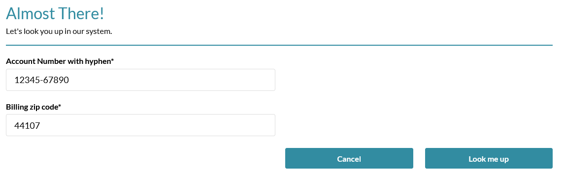 Second screen showing form entry fields for the Account Number and ZIP code.